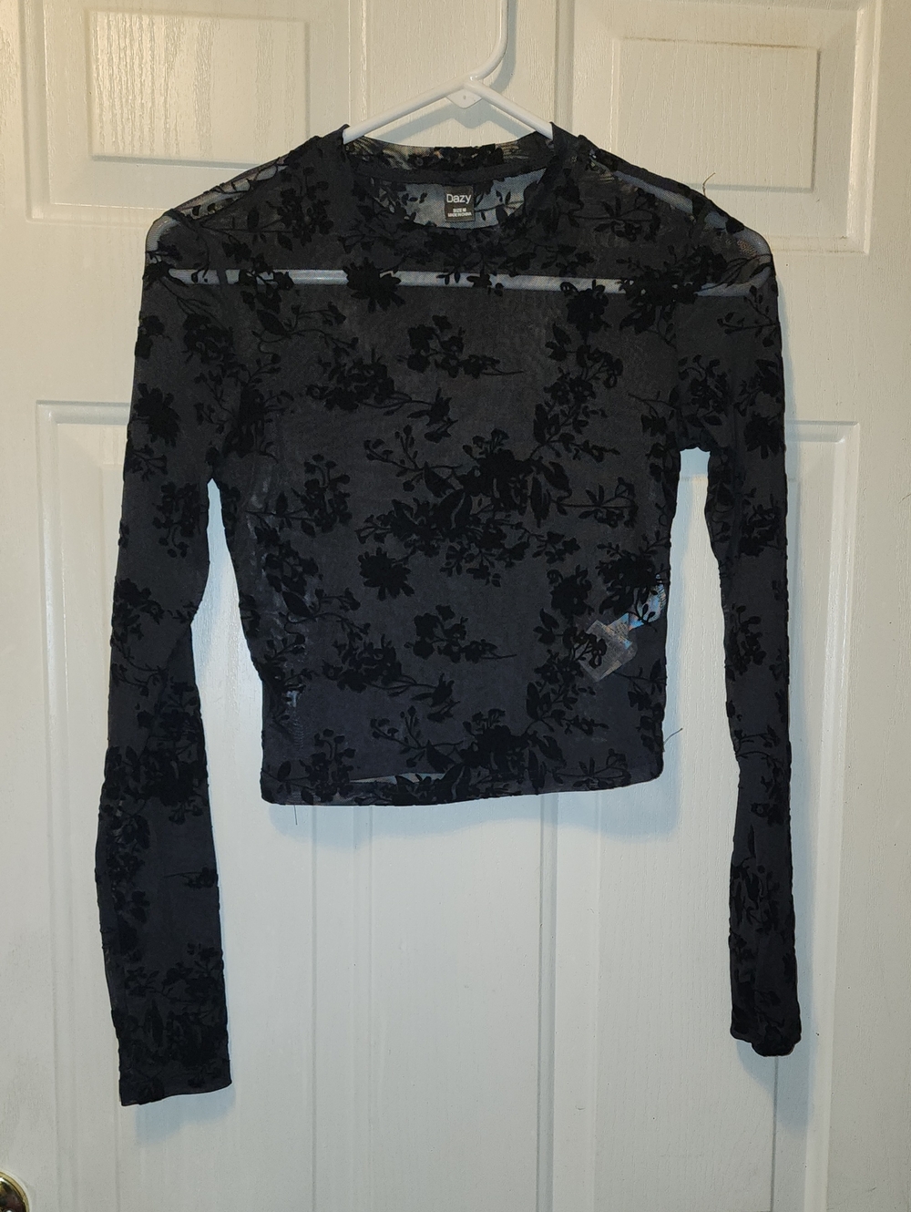 Dazy Black Sheer Flocked Floral Long-Sleeve Crop Top